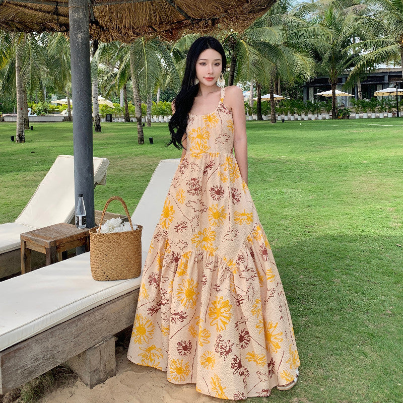 2025 Printed halter bow floral super fairy dress women's summer seaside vacation suspender skirt long large skirt