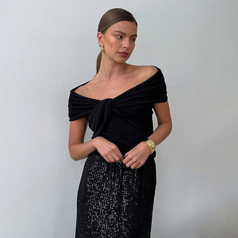 VLOVELAW one-word shoulder T-shirt popular summer street trend hot 2025 tops pleated V-neck off-the-shoulder short-sleeved T-shirt