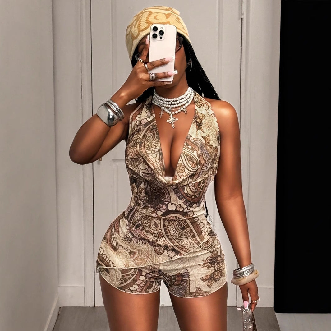 summer New new personalized fashion sexy babes deep v lace-up top shorts women's suit