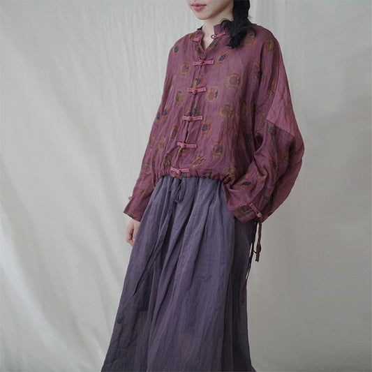 retro light Chinese printed ramie loose cardigan, early autumn national tide contrasting color art shirt S22277