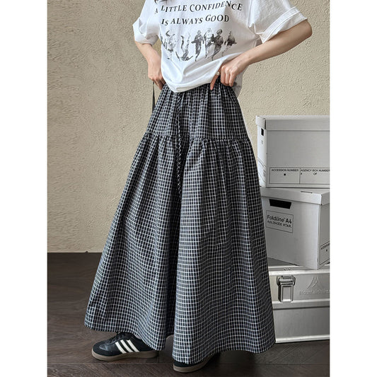 Luxi, plaid splicing skirt women's summer new elastic waist A-shaped skirt, large pendulum umbrella skirt, medium and long skirt 1875