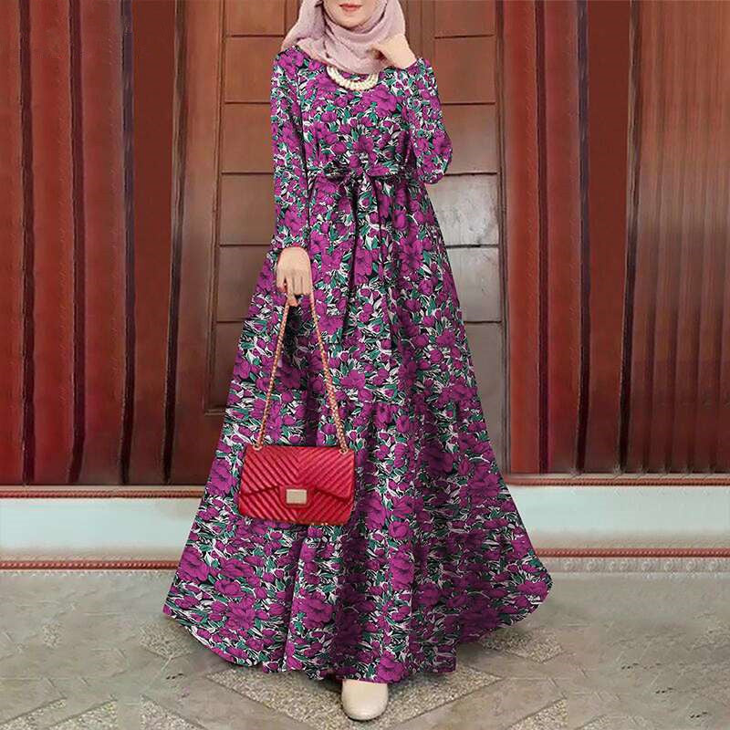 VLOVELAW New Cross-Border Retro Muslim Dress Printed Sundress Long Sleeve Robe Belt