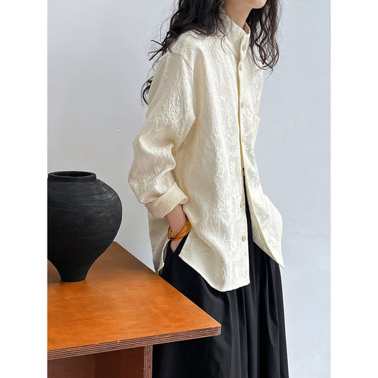 Lu Xi, retro new Chinese style shirt women's autumn texture jacquard stand-up collar high-end commuter top 3380