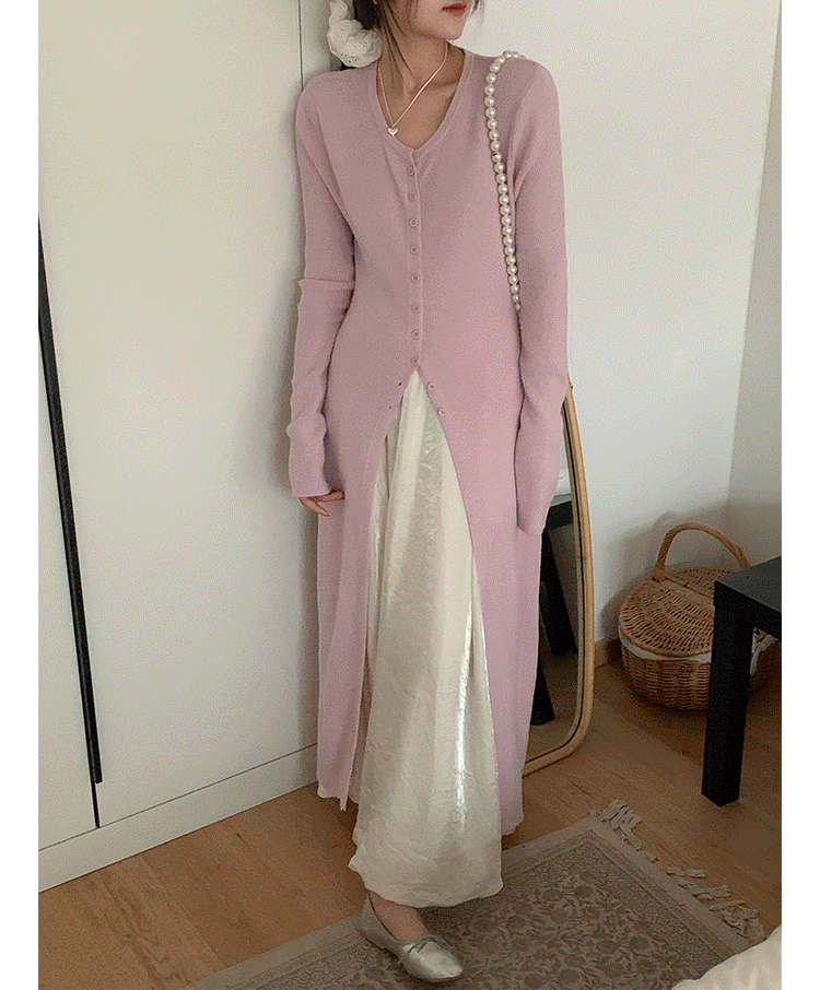 VLOVELAW Early autumn versatile solid color high split fork women's U-neck slim and thin knitted cardigan temperament long coat long sleeve top