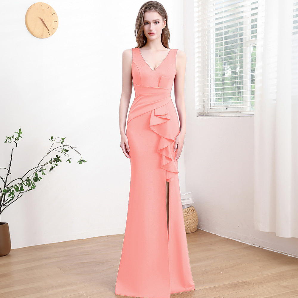 2025 Evening dress skirt, female banquet temperament, celebrity style, high-end side split fork, usually can wear thin sleeveless long dress