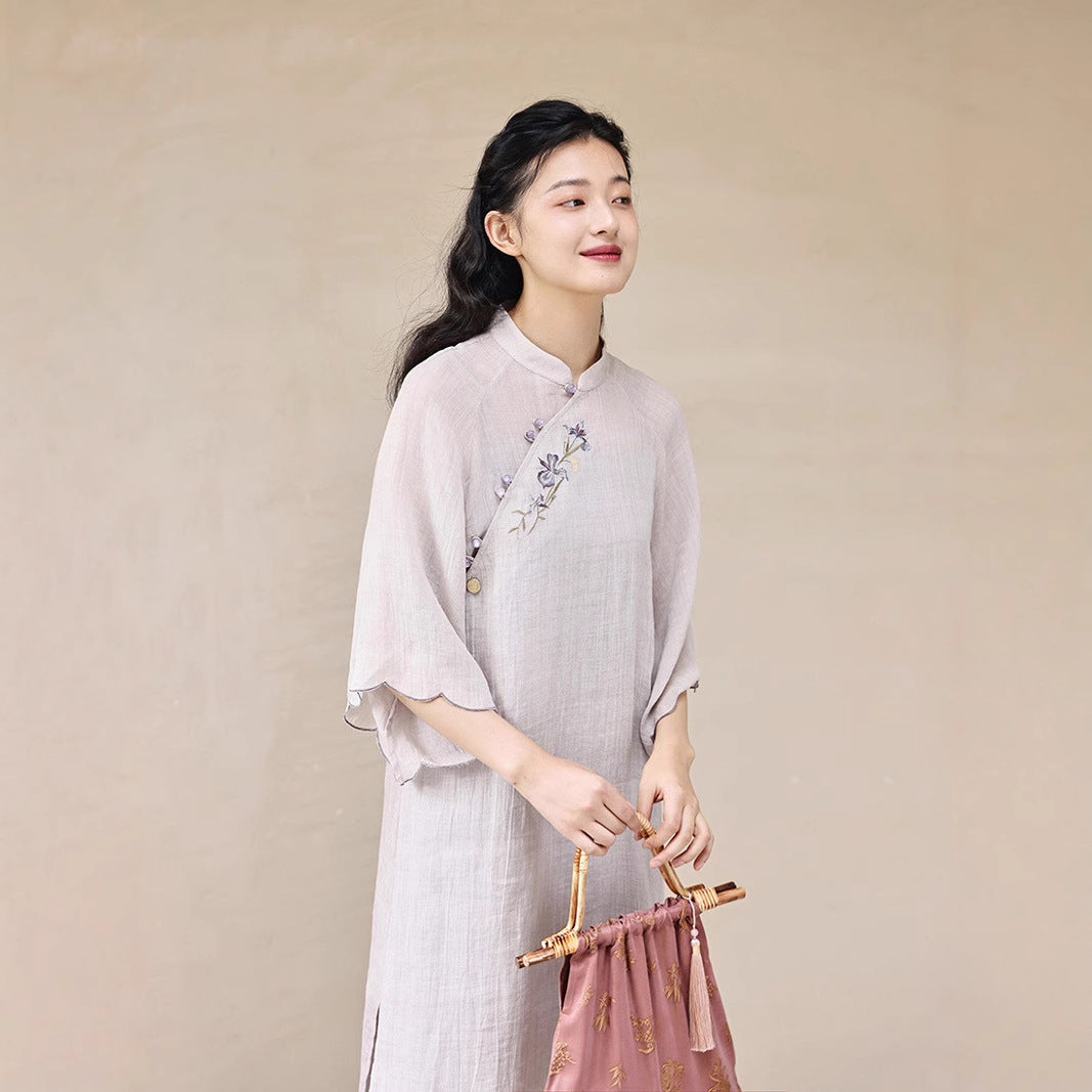 New Chinese dress women's cheongsam ramie Tencel embroidery improved cheongsam long skirt spring and summer women's long B0418