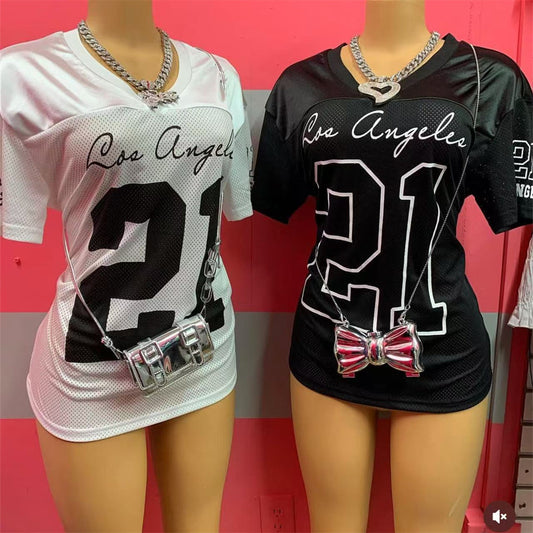 new New fashion street printing contrasting colors loose casual short-sleeved top V-neck sports style T-shirt women's clothing