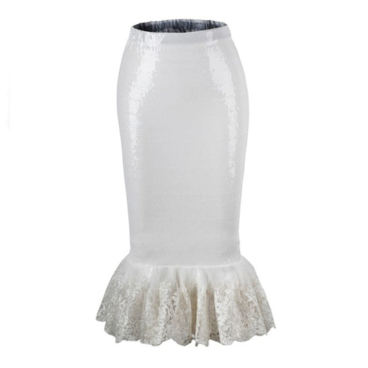 original design, white sequined hip-wrapped fishtail skirt, retro tight skirt with ruffle edge