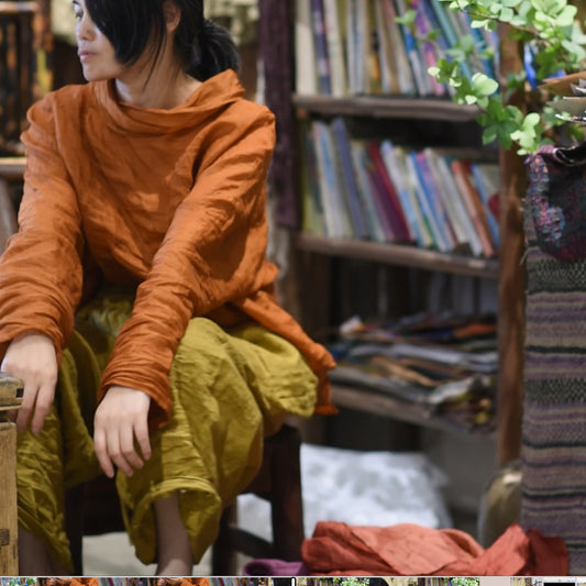 2025    23/8/tea tea/early autumn literary and retro two-color ramie high-neck shoulder loose shirt bottoming shirt