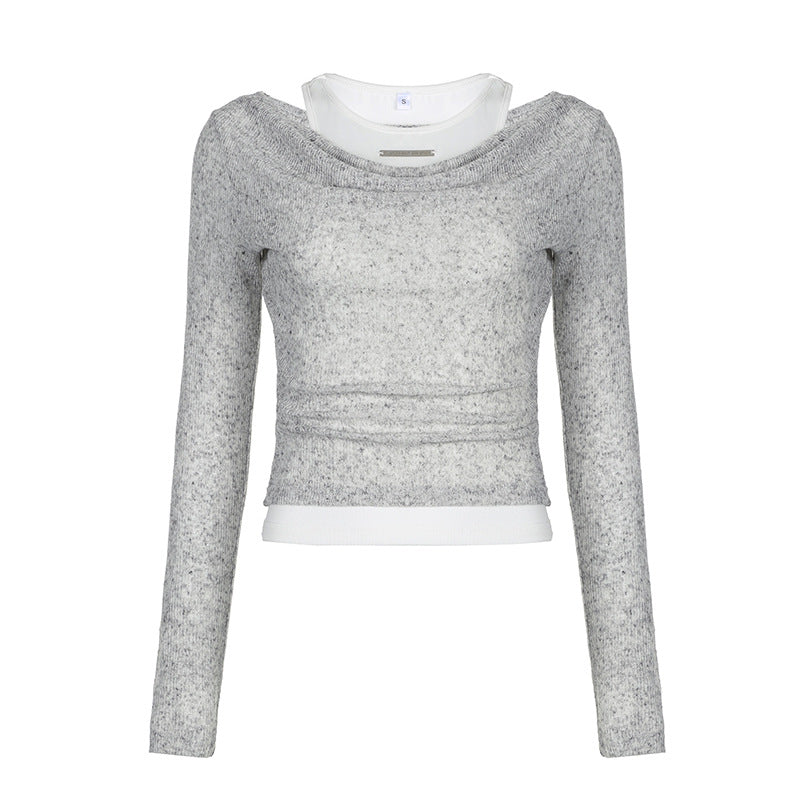 VLOVELAW Simple Style Two-Piece Knitted Sunken Stripe T-shirt Women's Autumn European and American Solid Color Top Ins New Bottoming Shirt