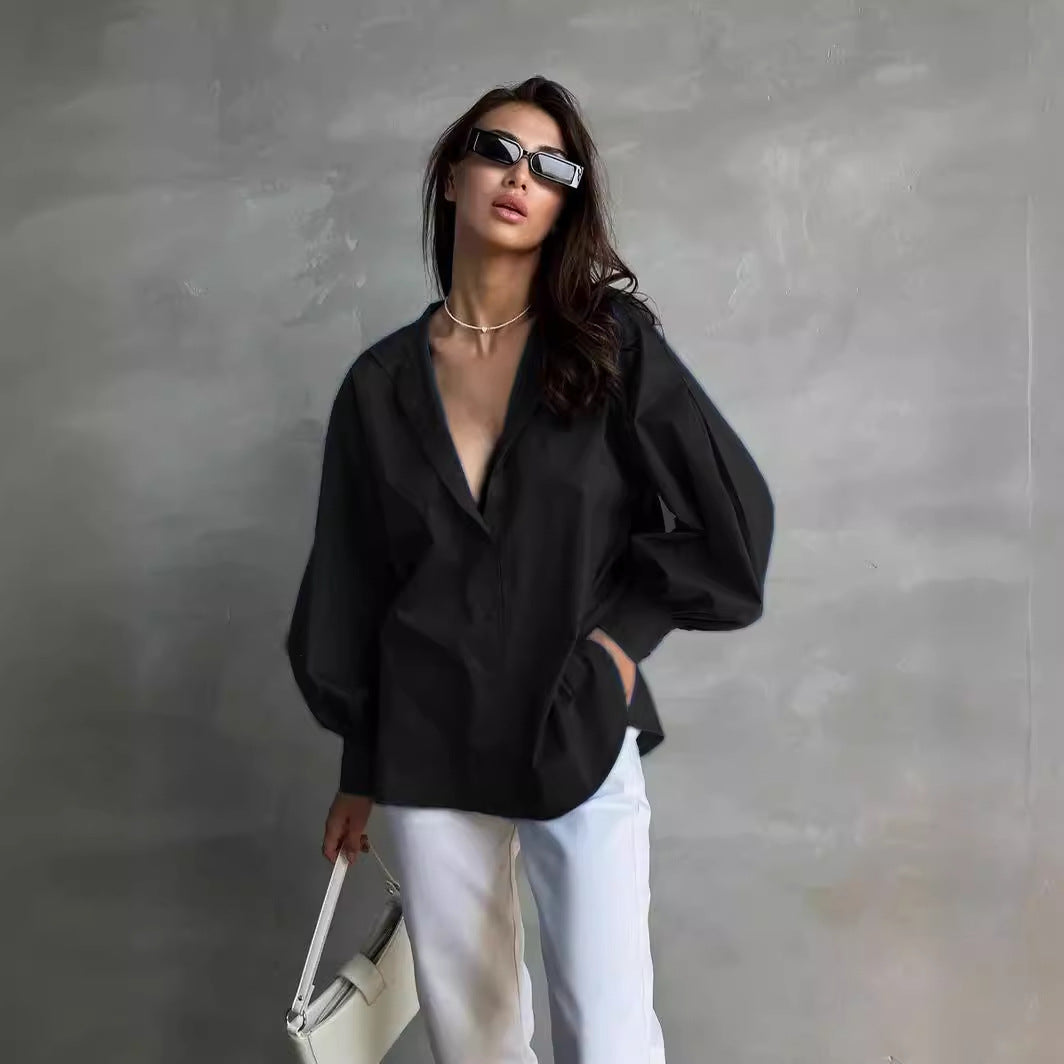 VLOVELAW lantern sleeve women's shirt Popular and 2025 popular summer lazy temperament commuting versatile round neck lantern sleeve shirt