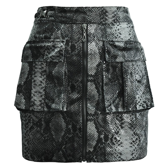 original designer, snake pattern glossy slim-fitting hip-wrapped elastic short skirt, super short skirt