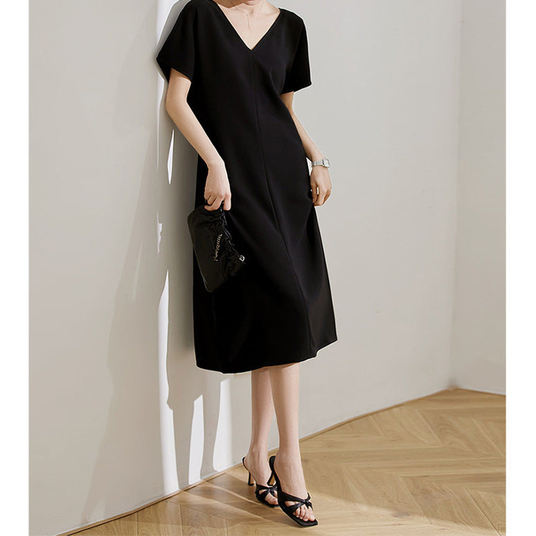 2025 Haute couture imported triacetic acid elegant high-end dress women's new long skirt summer small black dress