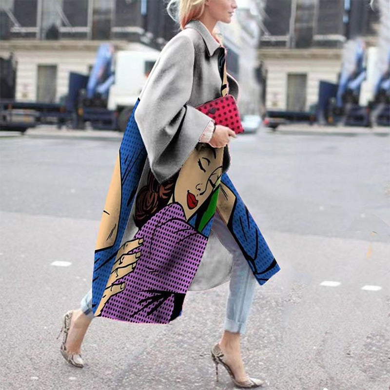 New autumn Popular trade women's clothing ebay new long-sleeved lapel jacket printed woolen coat