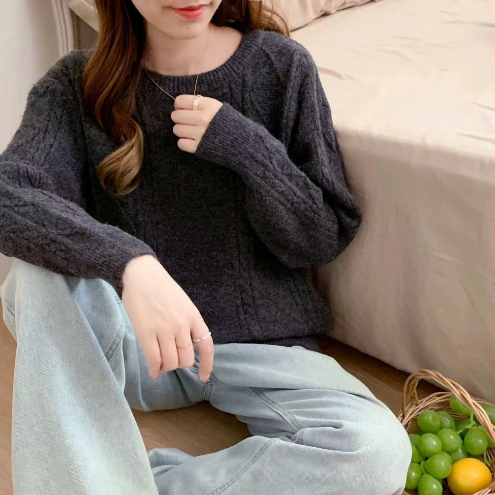 VLOVELAW New autumn and winter new women's clothing loose round neck pullover sweater women's rhombus lazy wind long-sleeved knitted sweater women's top