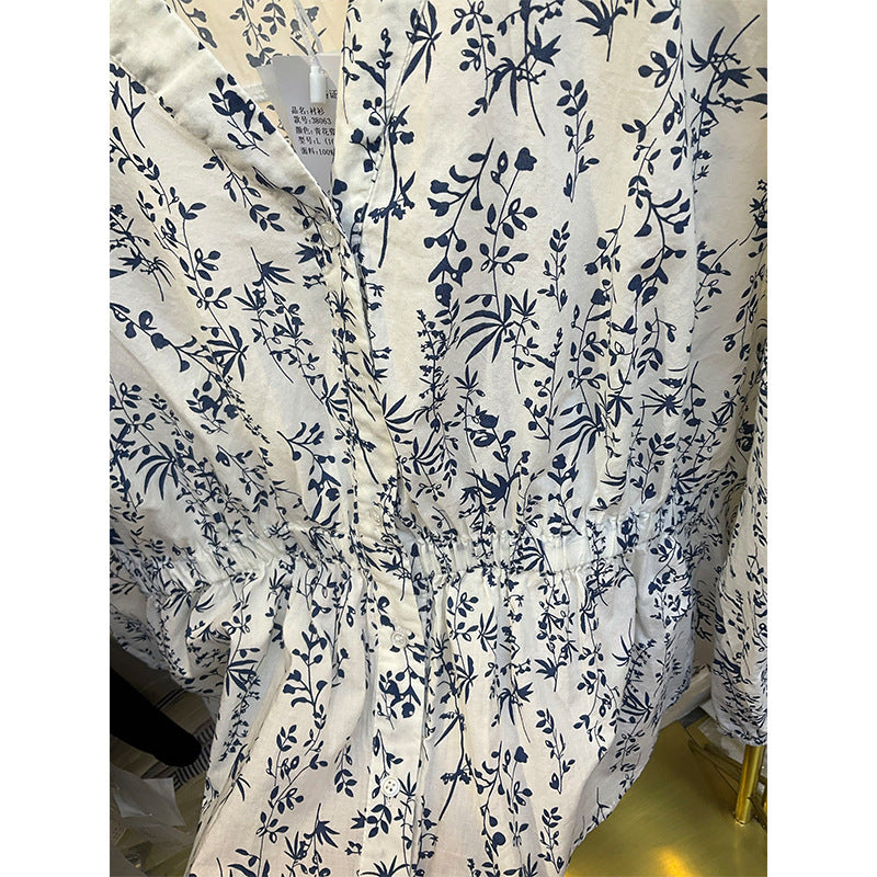 direct sales blue and white porcelain floral shirt women's long sleeves popular spring clothes new V-neck loose top pure cotton shirt
