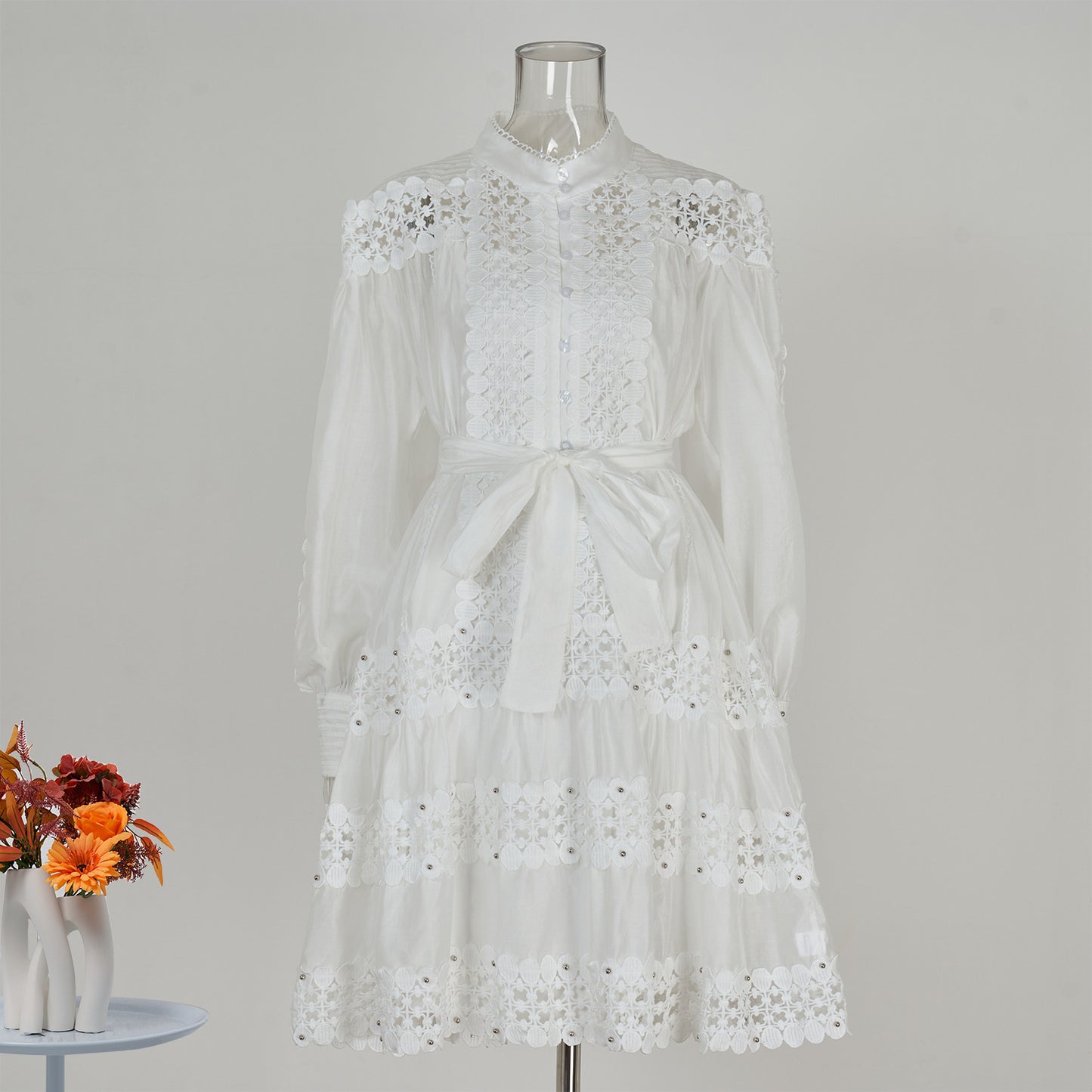 women's clothing long-sleeved shirt skirt spring and autumn women's single-breasted water-soluble lace embroidered hollow dress