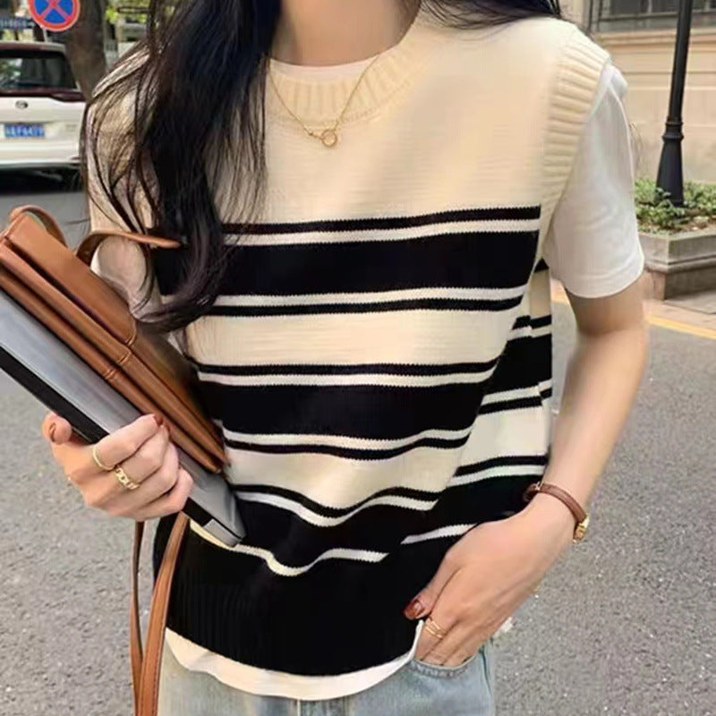 VLOVELAW Contrasting striped knitted sweater vest new stacked college casual loose and thin sleeveless sweater vest vest women