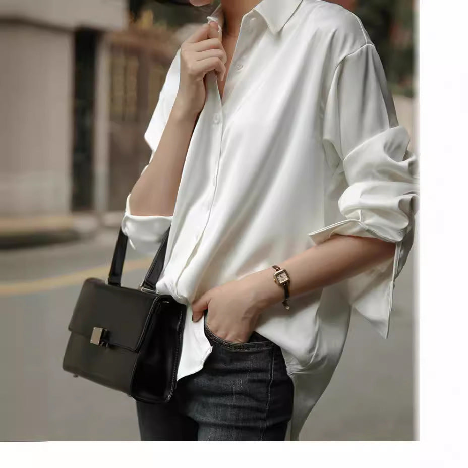 VLOVELAW Long Sleeve Satin Shirt Women's Design Sense Niche Spring and Summer New All-Match Draping Top Retro Hong Kong Style Shirt