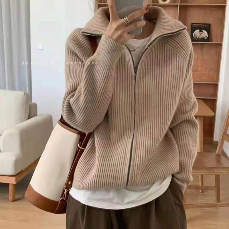 Hong Kong style design double zipper knitted cardigan fashion casual jacket autumn and winter college lapel sweater women's clothing