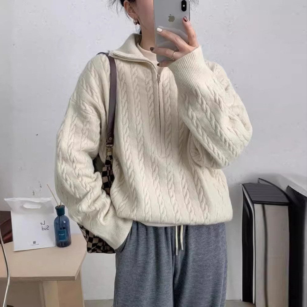 VLOVELAW Korean version New autumn and winter soft waxy knitted top women's retro twist half zipper lazy versatile short sweater jacket