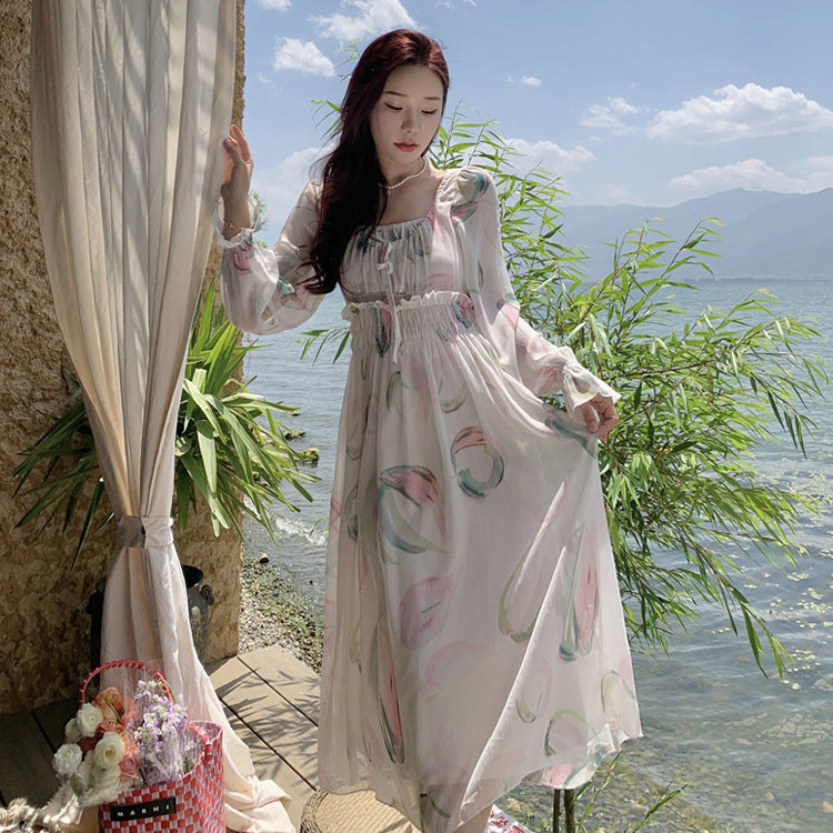 2025 retro high-end skirt spring and autumn new breathable and cool waist lace-up printed long-sleeved dress women