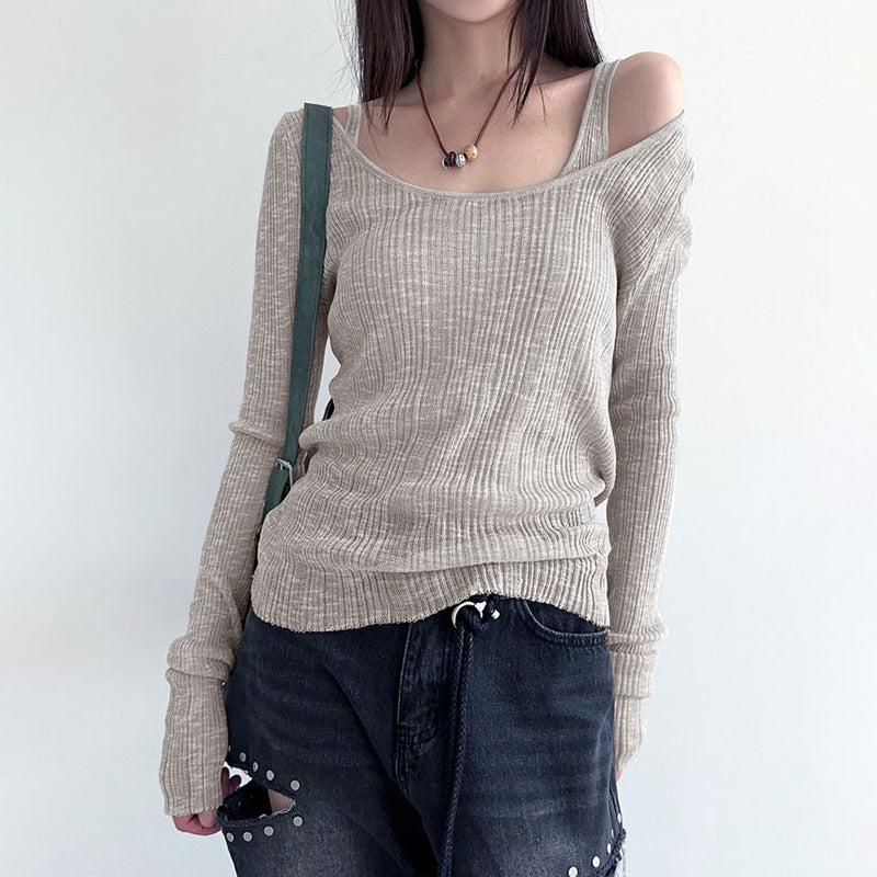 VLOVELAW Simple Style Two-Piece Knitted Sunken Stripe T-shirt Women's Autumn European and American Solid Color Top Ins New Bottoming Shirt