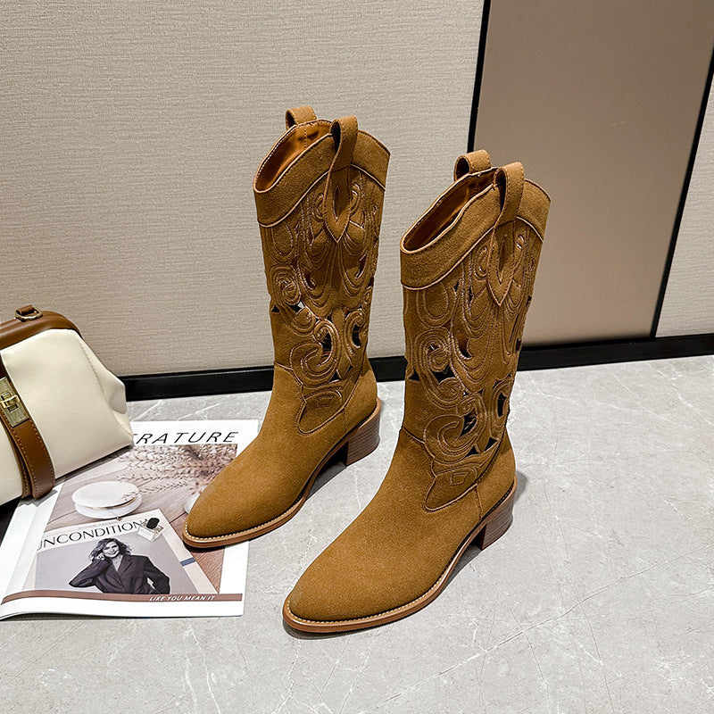 Women's New Hollow-out Summer Boots Chunky Heel Cowboy Boot Fashion Boots