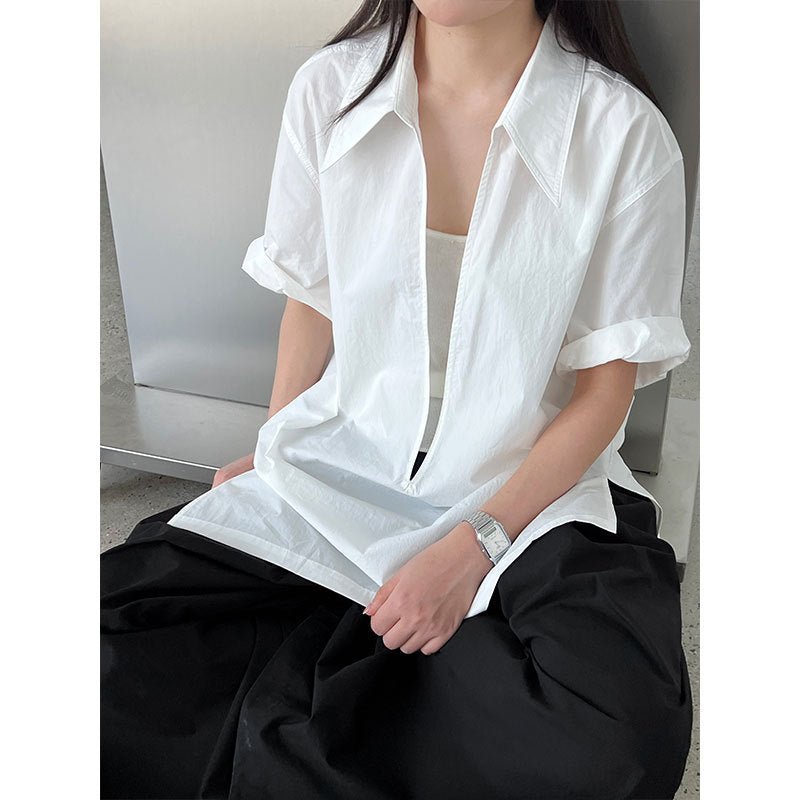Luxi, retro simple deep V-neck stacked short-sleeved shirt women's summer new commuter slim top 3595