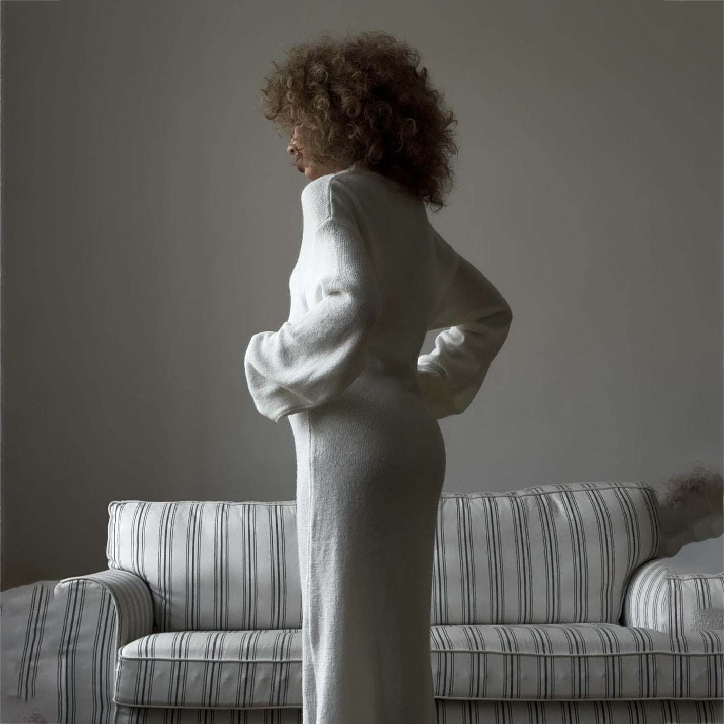 2025 New minimalist lazy style solid color wool dress autumn and winter fashion versatile side split loose sweater skirt