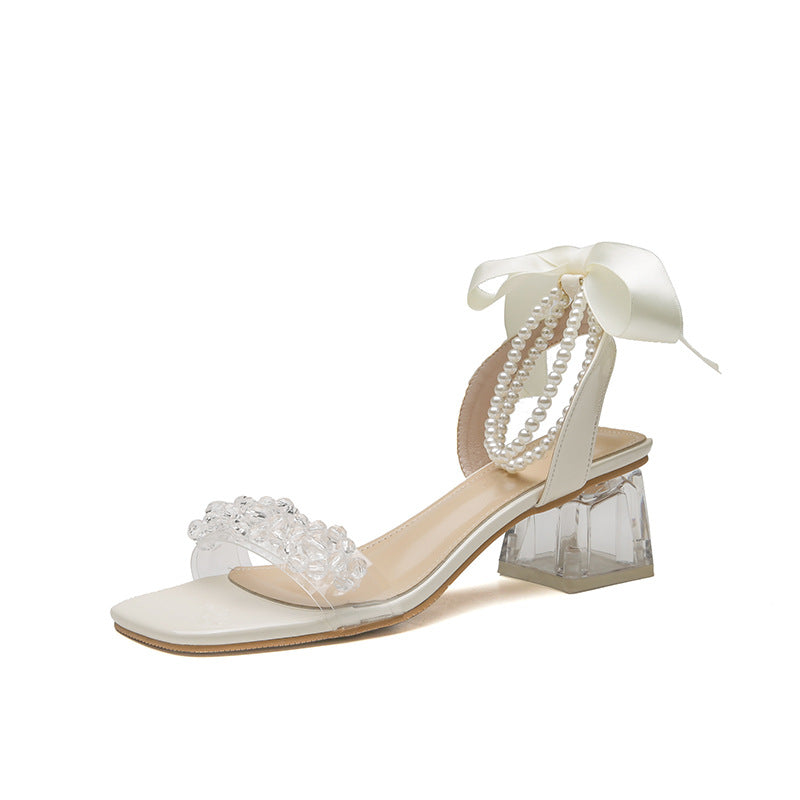 VLOVELAW Internet Hot Sandals Women Summer Mid Heel New Fashion Bowknot Pearl Crystal Heel High Heels Fairy Style