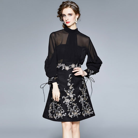 Muse Fan Heavy Industries Bow Stand-Up Collar Shirt Court Style Embroidery Sequins High Waist A-shaped Skirt Vintage Hong Kong Flavor Set