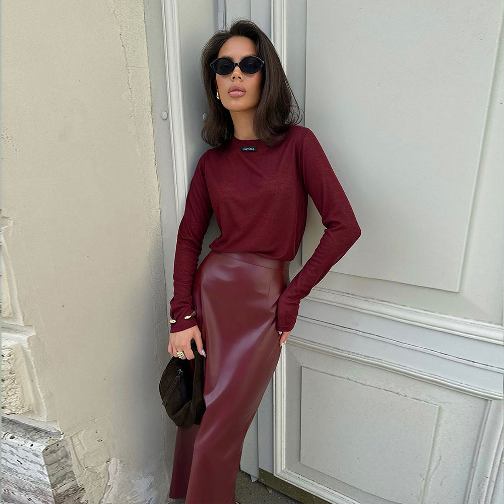 KKBOXLY Cross-border Ankola red split hip skirt New autumn new fashion leather skirt high-end slim PU skirt