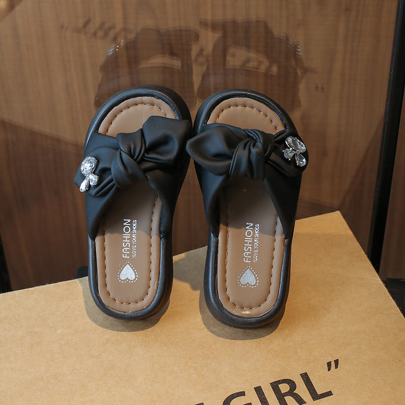 VLOVELAW Girls' Princess Outdoor Slippers Summer New Fashion Big Bow Soft Bottom Semi Slippers Little Girl Sandals