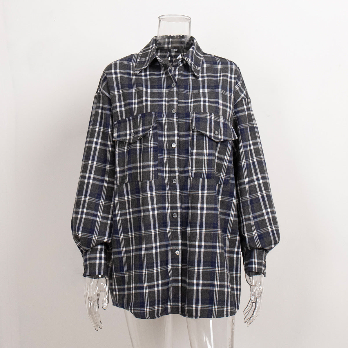 KKBOXLY Plaid shirt women's 2025 cross-border New autumn new American retro double pocket plaid striped medium and long shirt