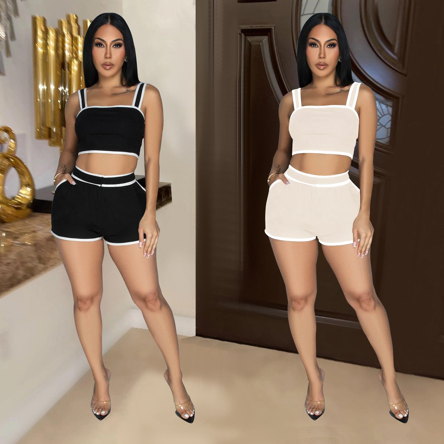 2025 C6966    New  Fashion Women's Clothing Solid Color Suspender Shorts Two-piece Set Women's