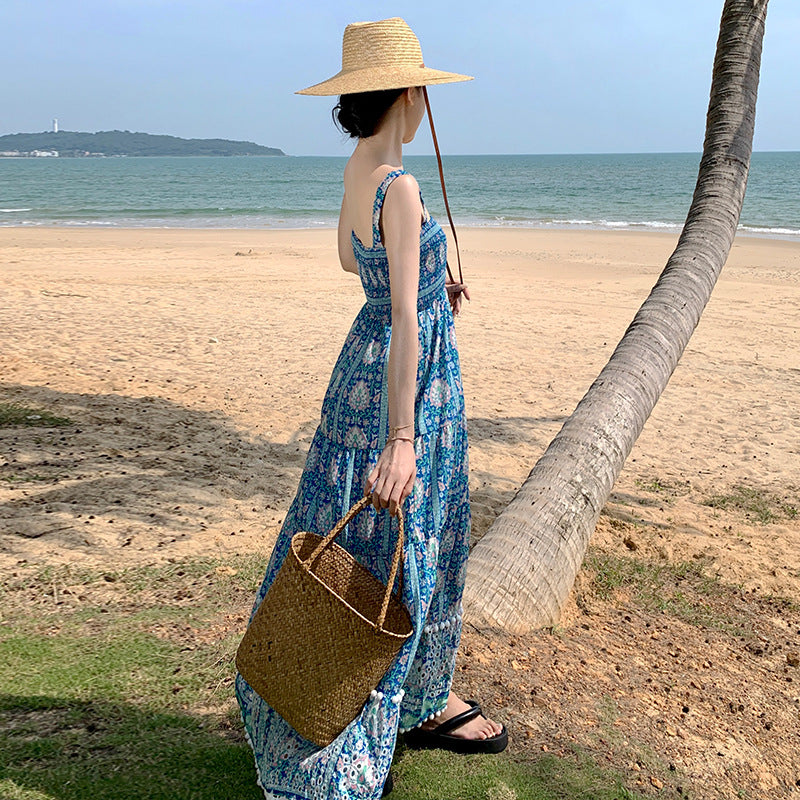 2025 Summer new ethnic style suspender skirt women's high waist hollow embroidery printing dress Sanya seaside vacation dress