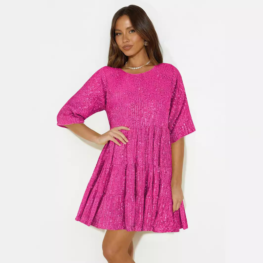 XIEYINSHE Europe and America Cross Border Foreign Trade Popular Style Fashion Pure Color Sequins Loose Waist Short Sleeve Swing Skirt Dress