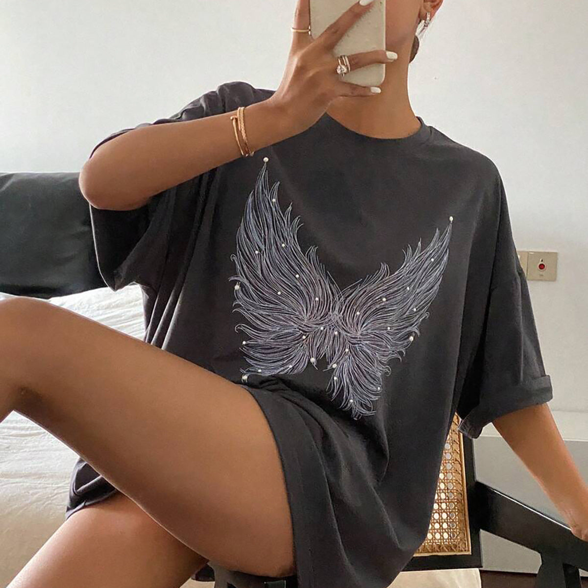 Popular, new temperament butterfly flash diamond gray T-shirt women's round neck loose spice girl trend top printing New