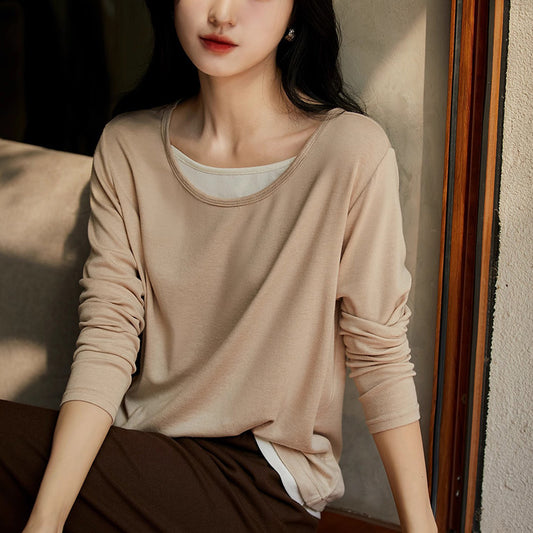 direct sales fake two-piece round neck long-sleeved T-shirt women's popular summer new casual simple splicing contrasting top