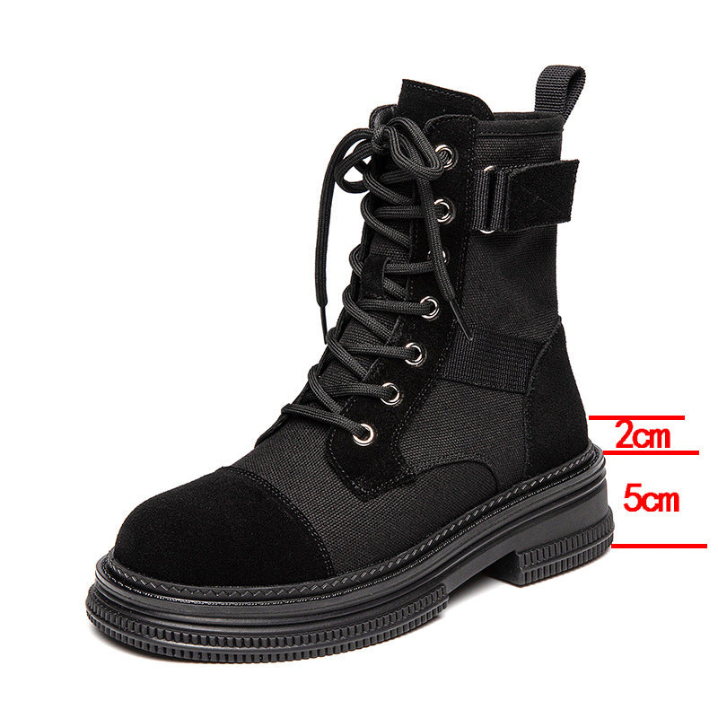 Leather Martin Boots Women's Spring New Height Increasing Insole Canvas Women's Boots Thick Bottom Side Zipper Fleece-lined Short Desert Boots