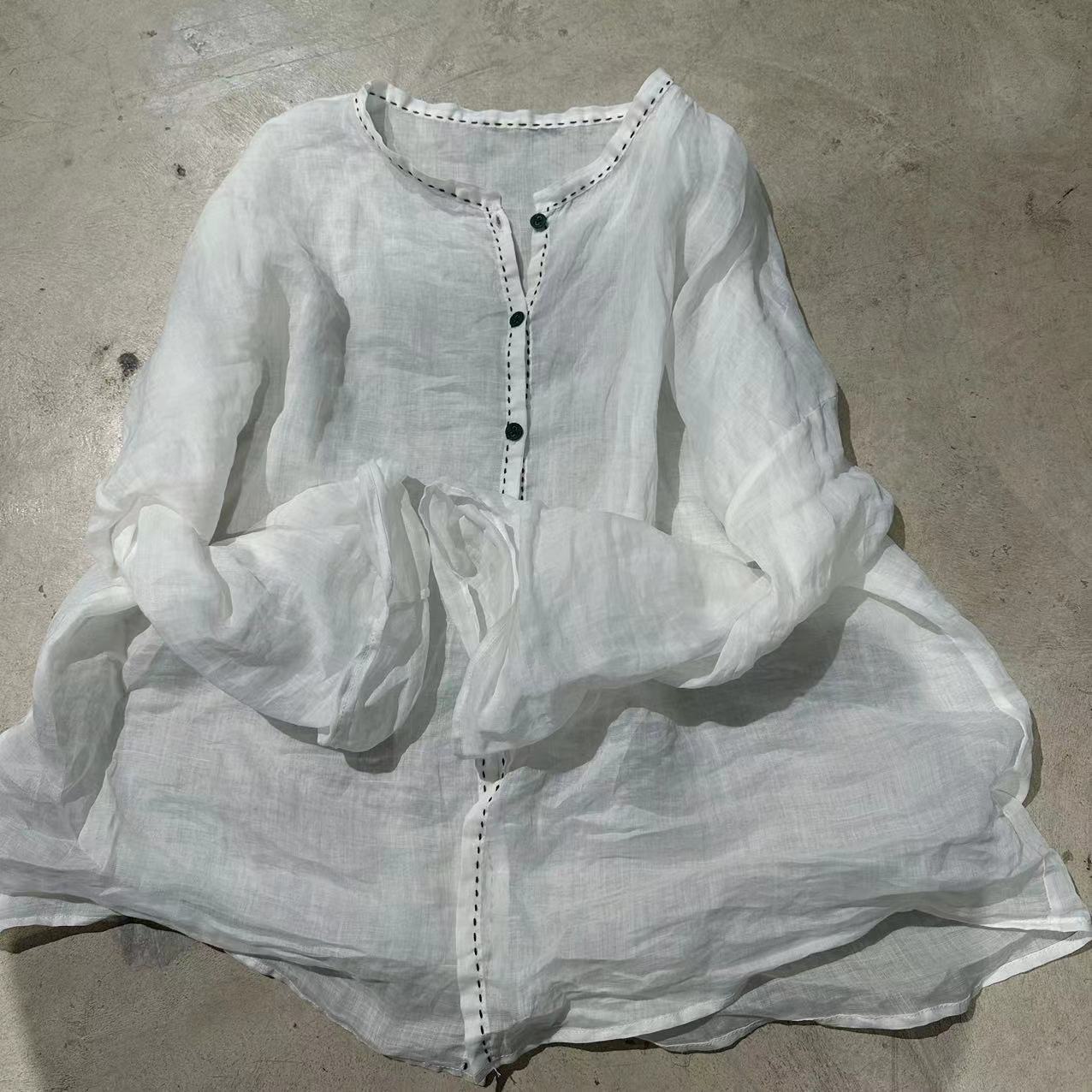 2025 23/3 Xiaochu, inner literary and retro light and thin ramie loose shoulder crew neck button-down shirt