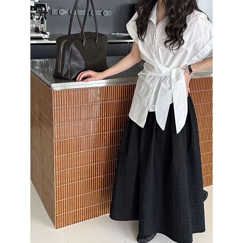 Luxi, Korean simple straight striped pleated skirt for women's summer new heavy industry high-waisted A-shaped umbrella skirt 3591