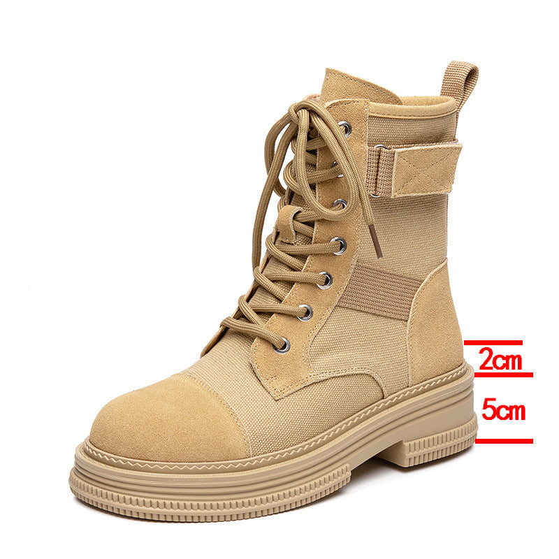 Leather Martin Boots Women's Spring New Height Increasing Insole Canvas Women's Boots Thick Bottom Side Zipper Fleece-lined Short Desert Boots