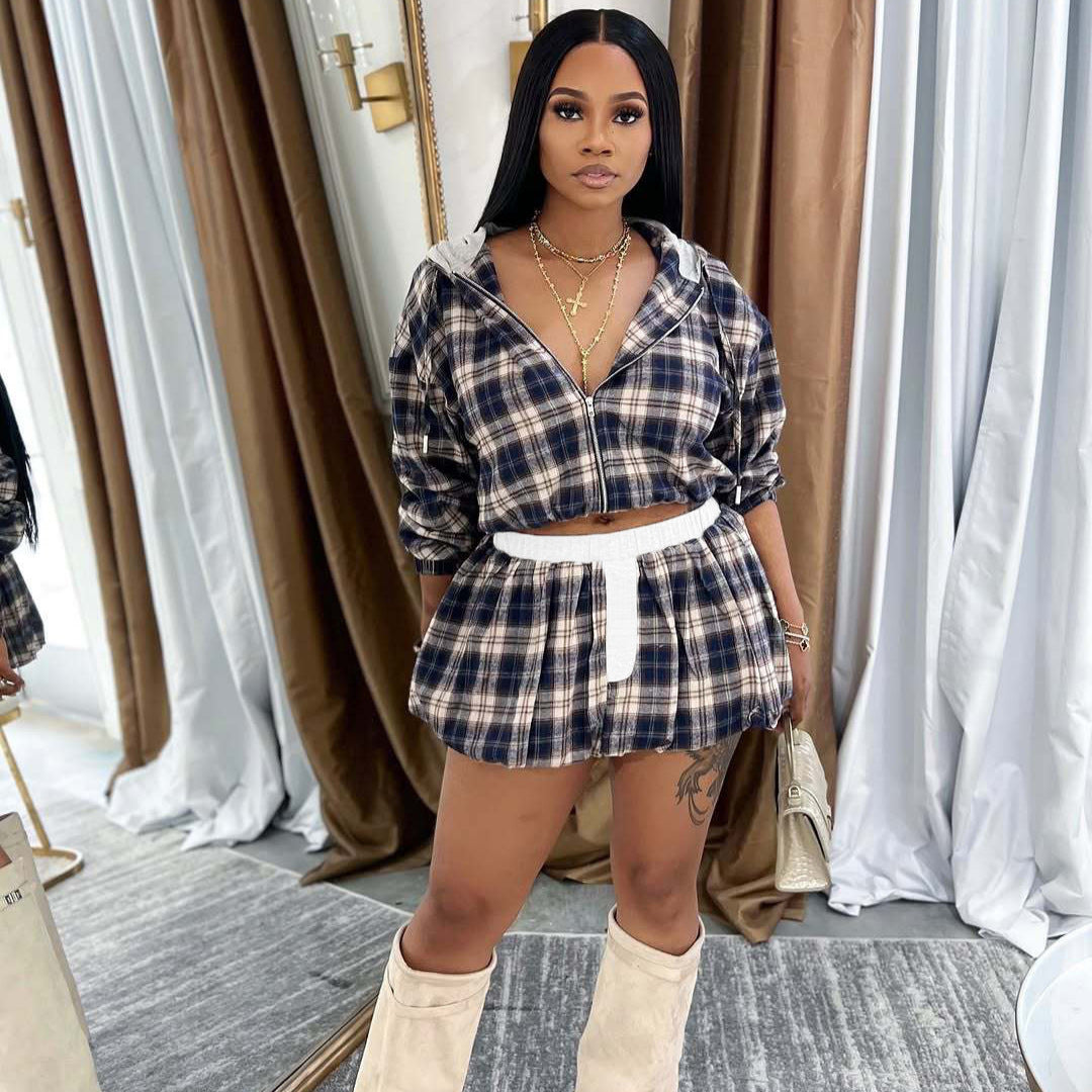 new New fashion millennial girl grid printing zipper short coat top bud short skirt set
