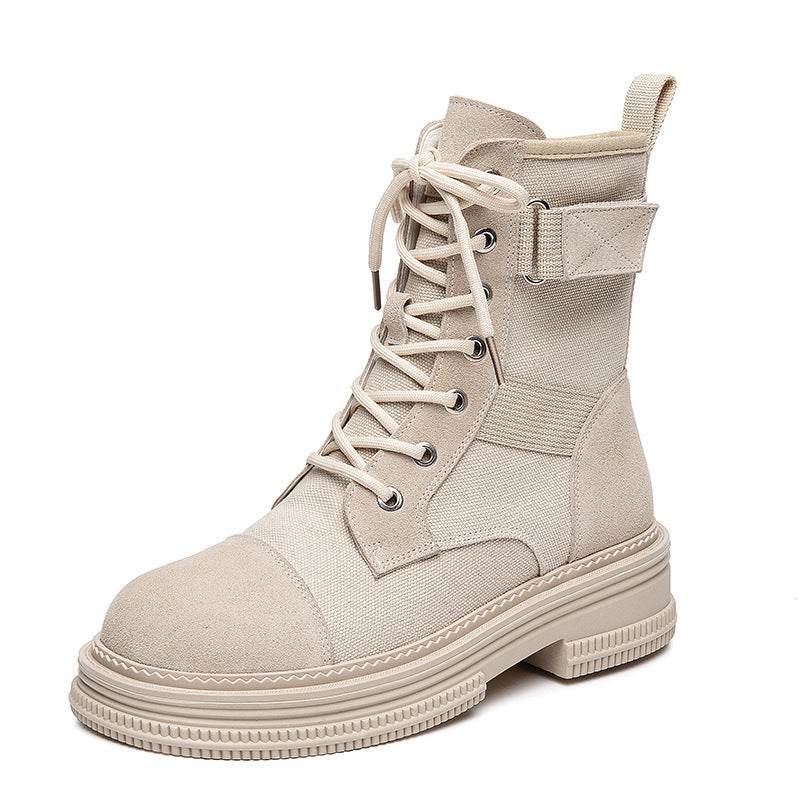 Leather Martin Boots Women's Spring New Height Increasing Insole Canvas Women's Boots Thick Bottom Side Zipper Fleece-lined Short Desert Boots