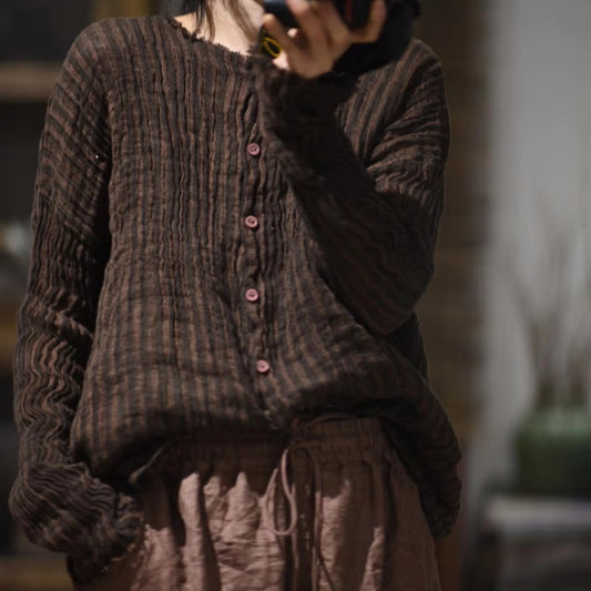 2025    24/1 SN15 literary and retro contrasting color yarn-dyed craft linen striped cardigan shirt