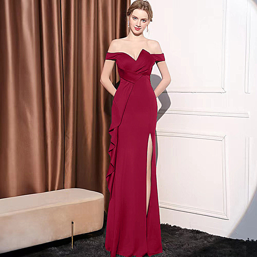 2025 Evening dress skirt Women's high-end temperament light luxury company annual meeting host banquet one-word shoulder long fishtail dress