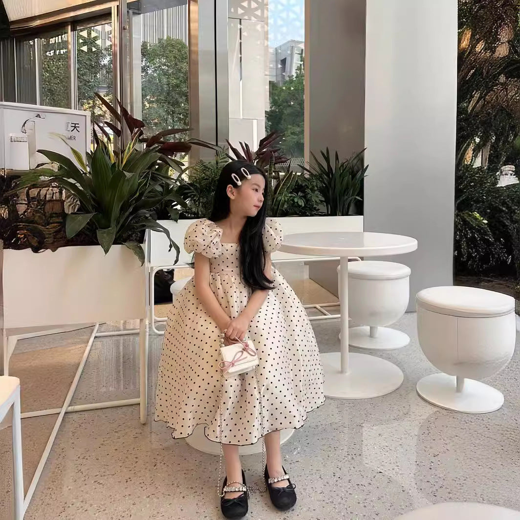 VLOVELAW Girls Dress Summer Advanced Pearl Puff Sleeve Polka Dot Formal Dress Birthday Dress 61 Princess Skirt