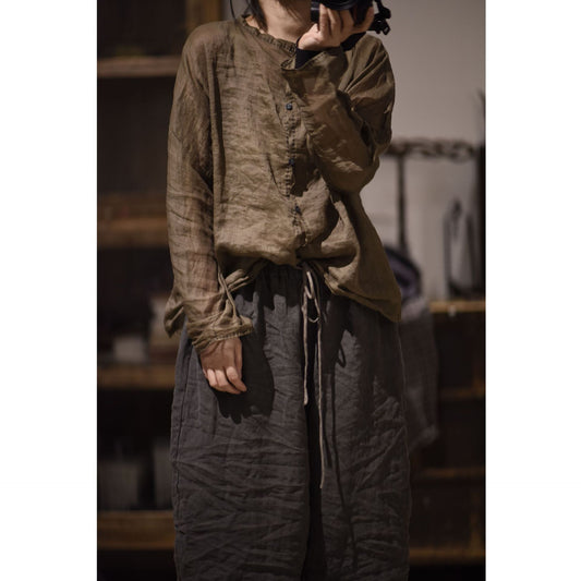 2025    23/3 Xiaochu, inner literary and retro light and thin ramie loose shoulder crew neck button-down shirt